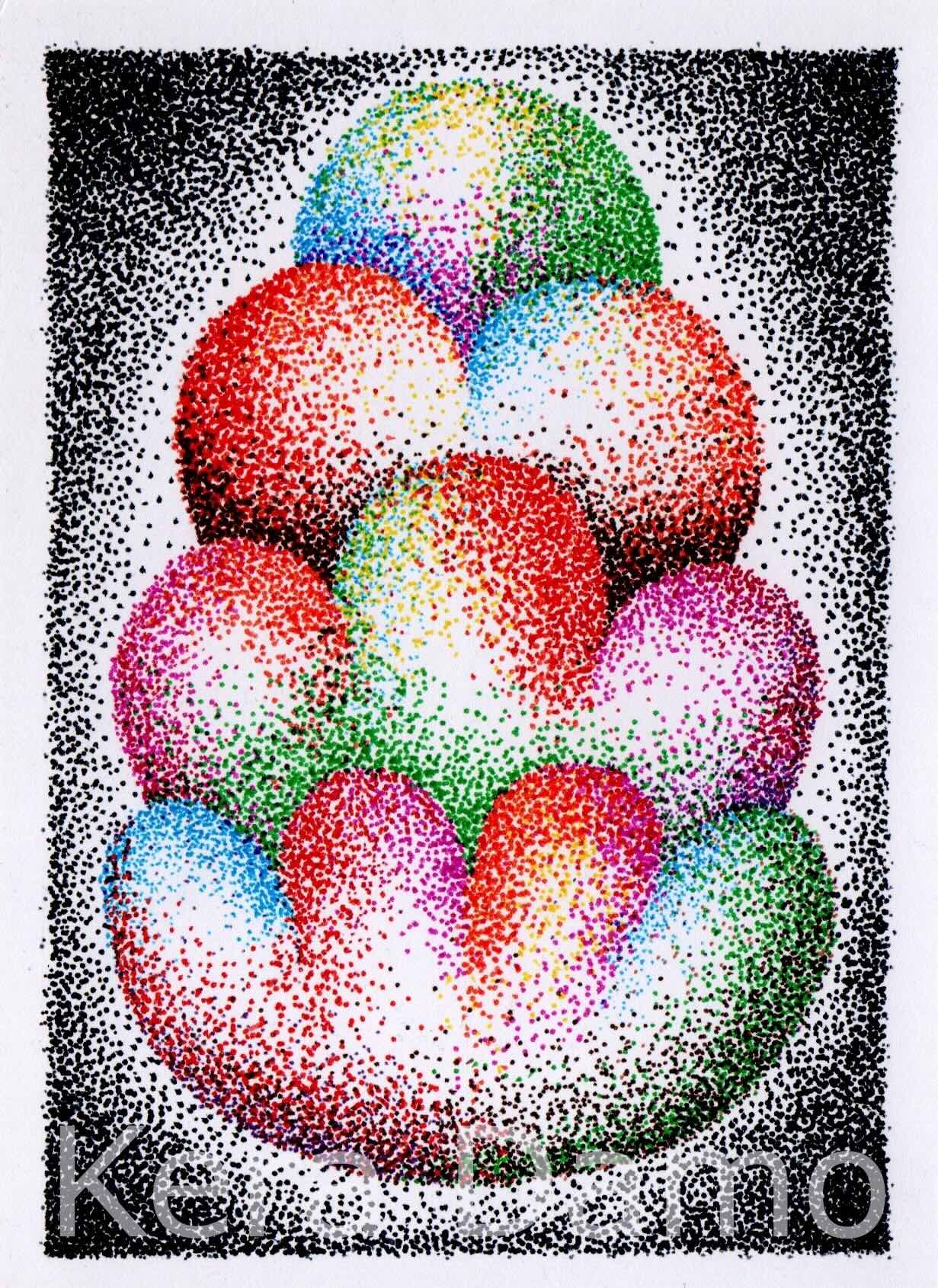 A multicolour pen drawing as part of the Jippie Stippie series, made by visual artist Kera Damo from the Hague / Een meerkleurige pentekening als onderdeel van de Jippie Stippie serie, gemaakt door beeldend kunstenaar Kera Damo uit Den Haag